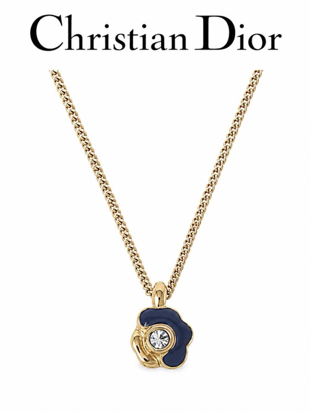 Dior Gold Necklace with Navy Flower and Crystal Vintage